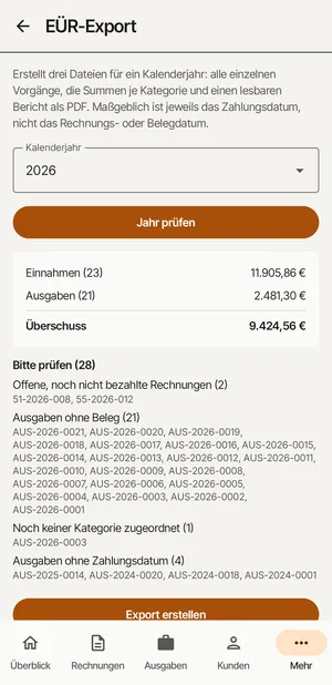 Screenshot: EÜR-Export